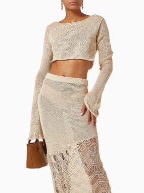 Savannah Morrow Beige Sakari Knit Crochet Midi Skirt New With Tags Size L